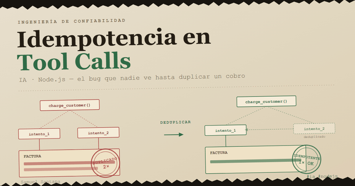 Diagrama: dos intentos de charge_customer cobran la misma factura dos veces; con deduplicación por clave de idempotencia, el segundo intento se descarta y la factura se cobra una vez.